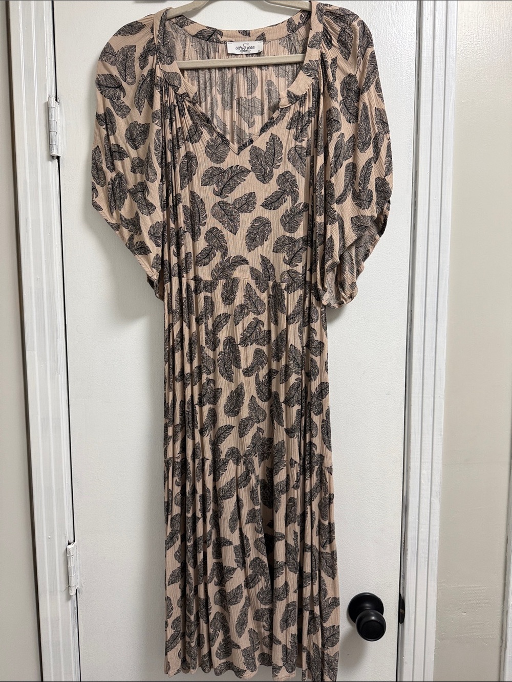 Carly Jean Los Angeles CJLA Valencia Beige Midi Dress with Black Leaf Print